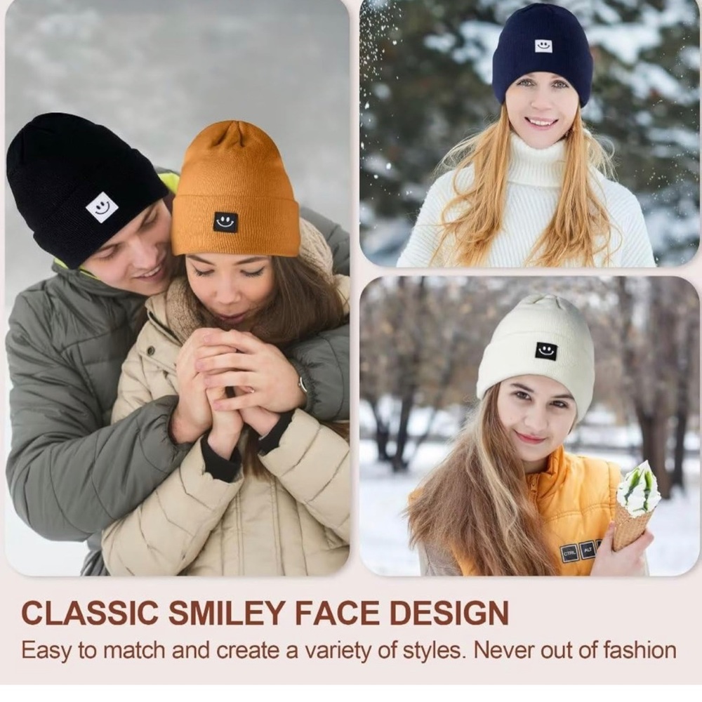 2024 Winter Beanie Hats for Women Men 3Pack,Fleece Line with Smiley Face